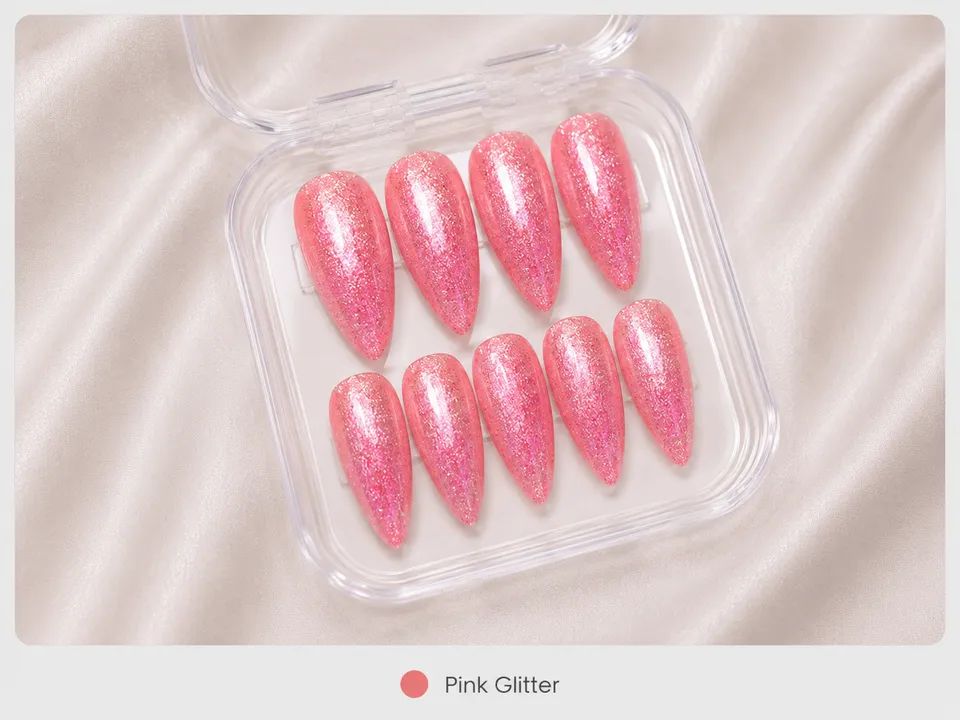 cnth-nails-press-on-nails-pink-glitter-faux-ongles-10-capsules-rose image 1